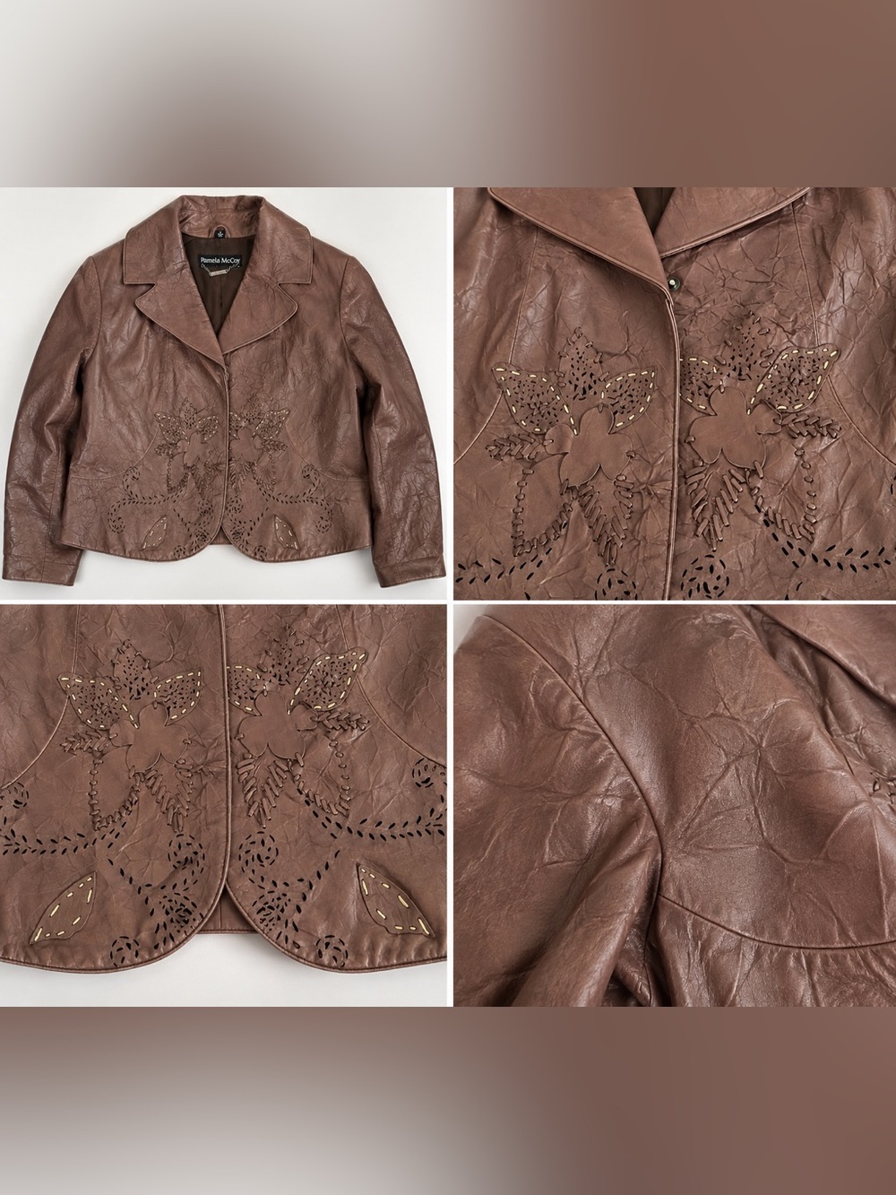 Pamela McCoy Brown Leather Laser-Cut Floral Jacket
